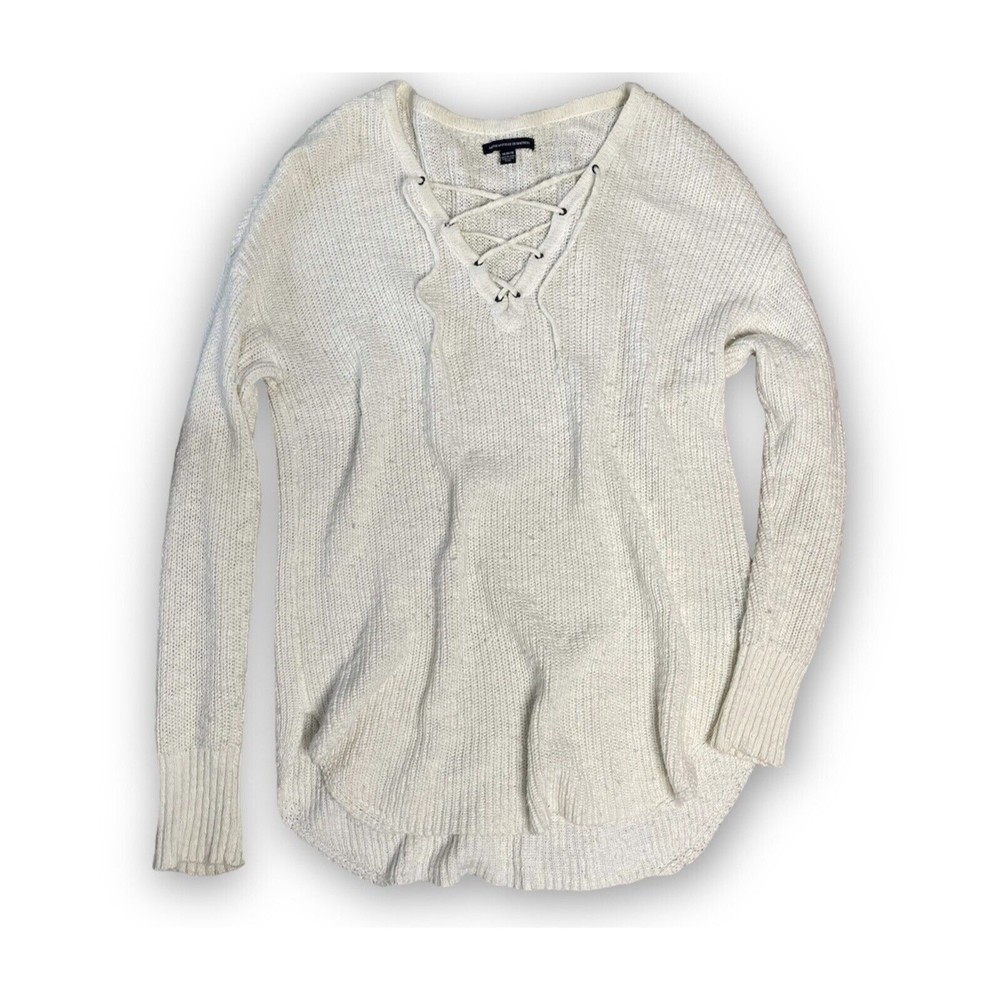 American Eagle Womens Sweater Ivory Cream Knit Top Lace Up Size M Stretch Fit
